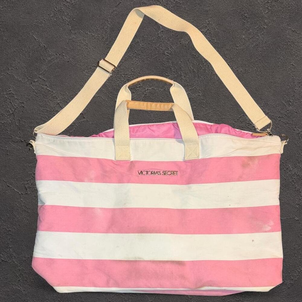 Vintage victorias secret pink and white striped travel bag